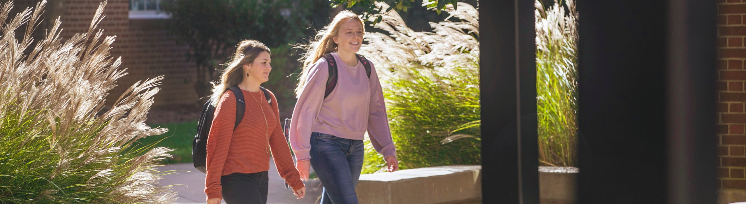 Two students walking outside on Pfeiffer's campus