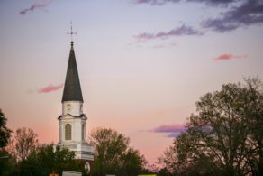 Pfeiffer chapel steeple at sunset