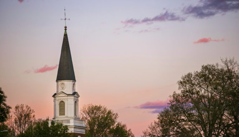 Pfeiffer chapel steeple at sunset