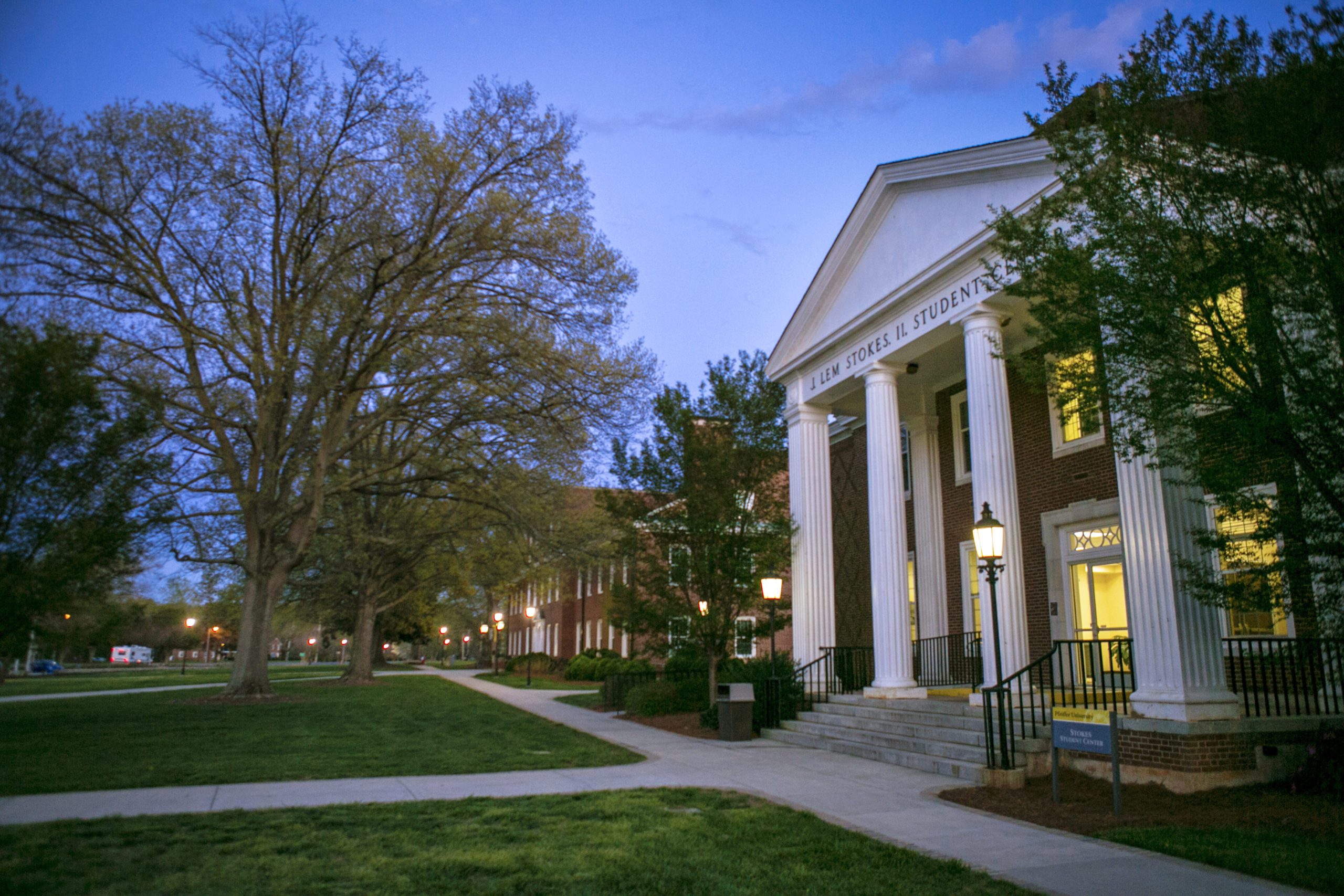 Outdoor view of Pfeiffer campus at dusk