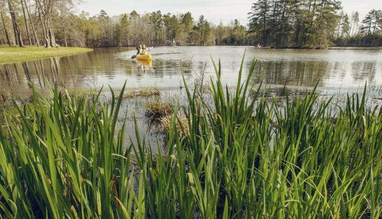 Two women in a kayak on a lake